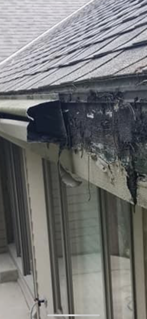 rotten wood damage from non working gutter guard system repairs done by Columbia Gutter Pros